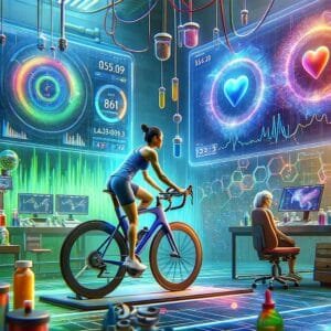 a woman riding a bicycle in a room with computer screens and graphics