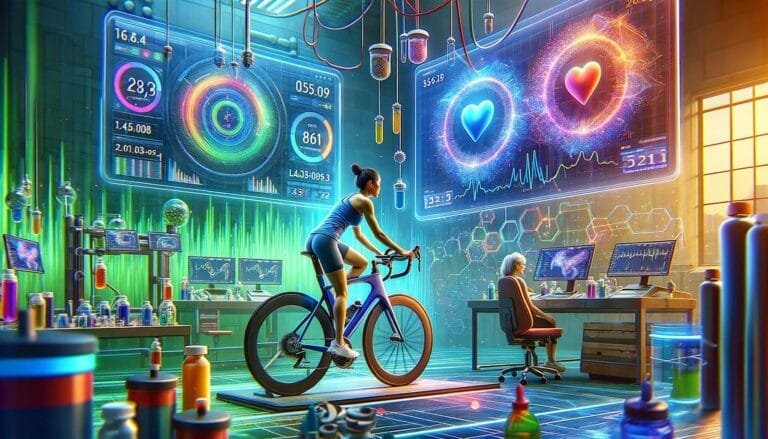 a woman riding a bicycle in a room with computer screens and graphics