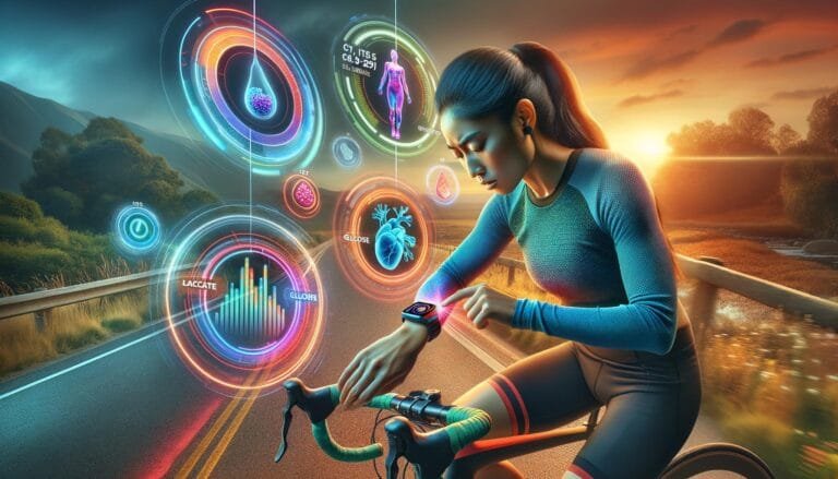 a woman on a bike looking at a smart watch
