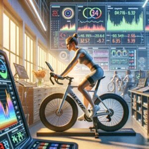 a woman on a bicycle in a room with screens